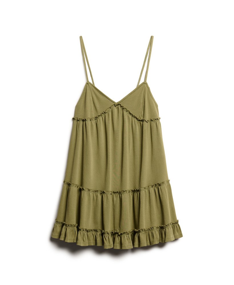 vestido curto de alças finas em malha na cor cáqui oliva