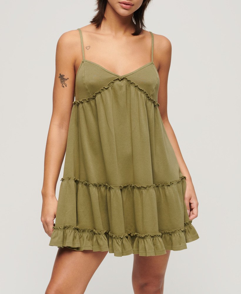 vestido curto de alças finas em malha na cor cáqui oliva