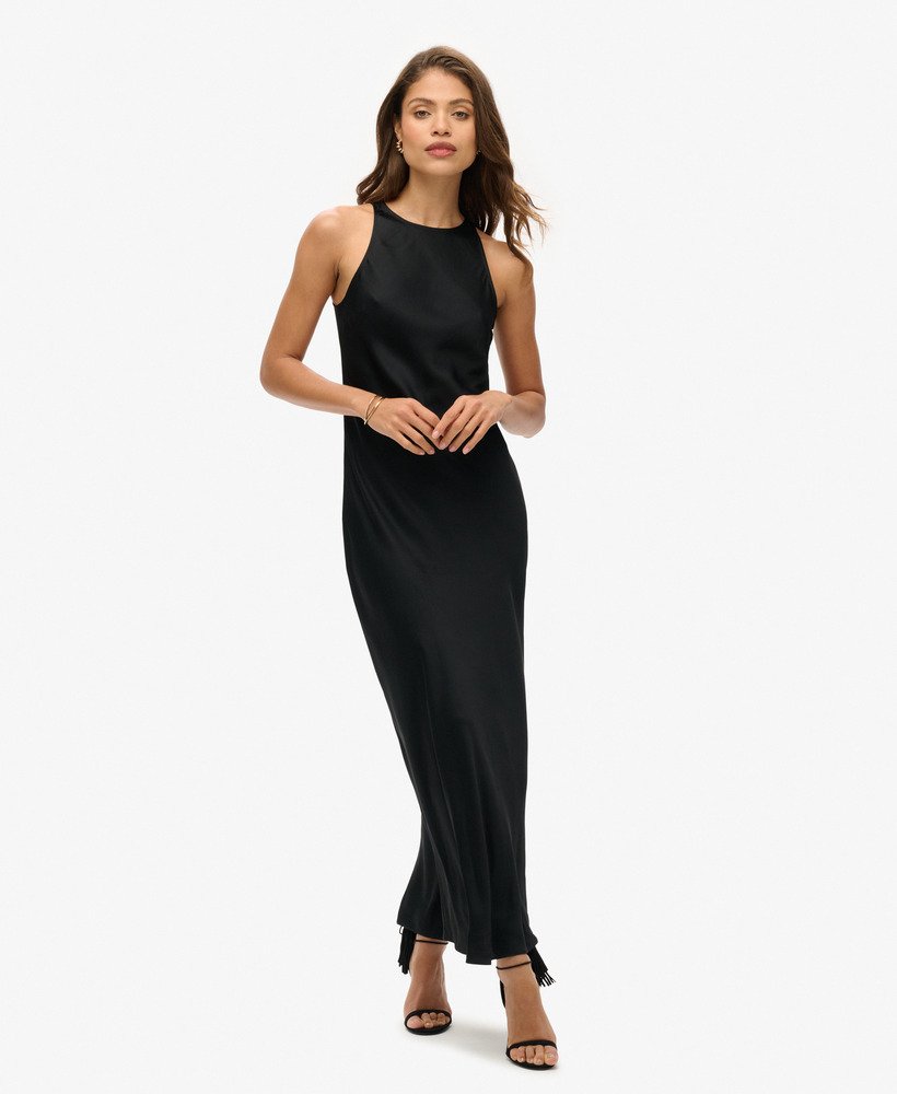 vestido midi racer de cetim preto