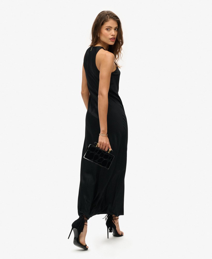 vestido midi racer de cetim preto