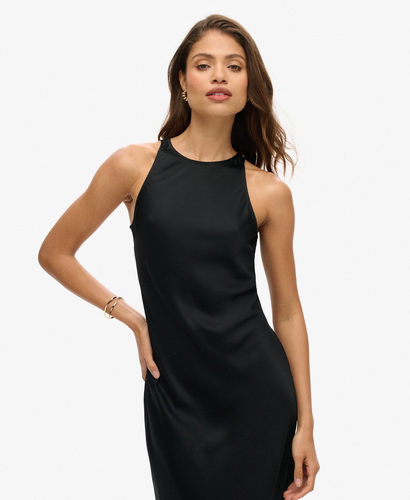 vestido midi racer de cetim preto
