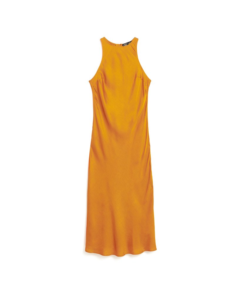 vestido midi racer de cetim na cor amarelo ocre clássico.