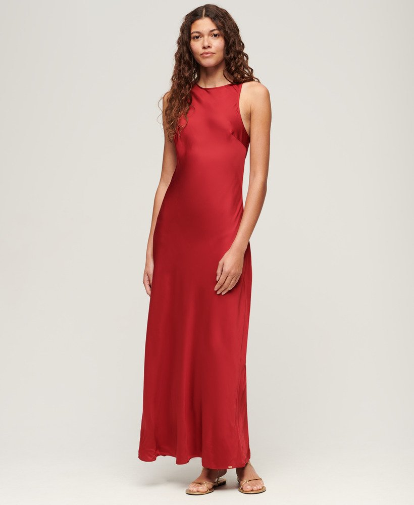 vestido midi racer de cetim na cor vermelho dália.