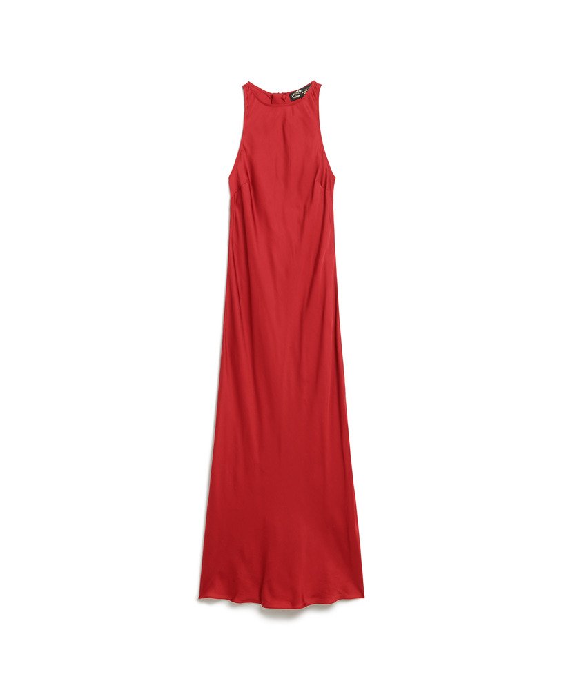 vestido midi racer de cetim na cor vermelho dália.