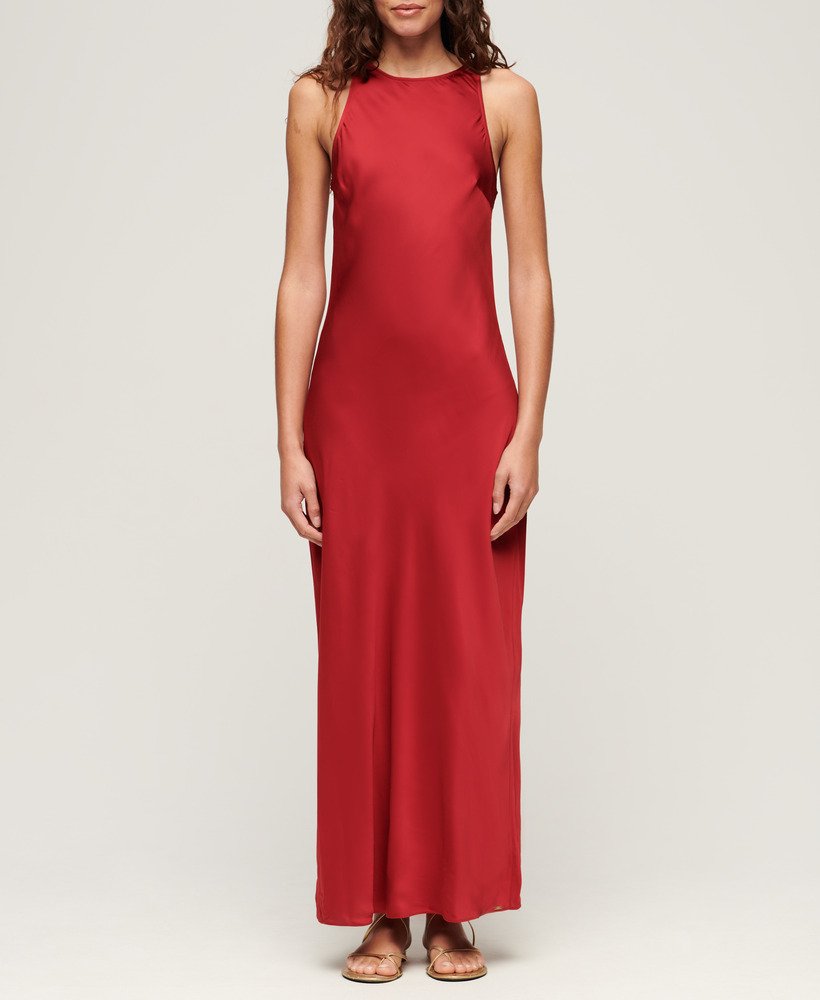 vestido midi racer de cetim na cor vermelho dália.