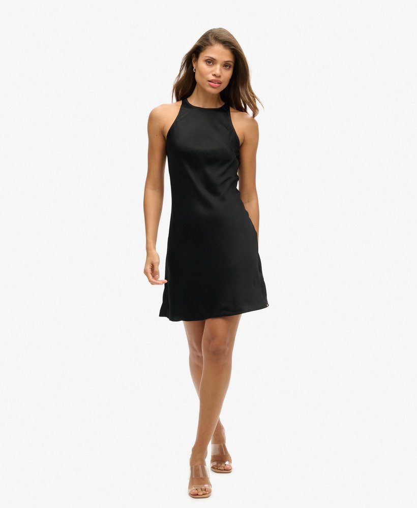 vestido curto de cetim estilo racer na cor preta.