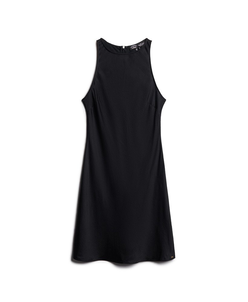 vestido curto de cetim estilo racer na cor preta.