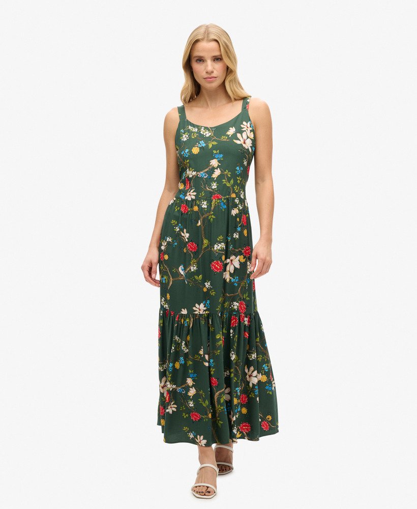 vestido longo de tecido plano com camadas na cor verde blossom birds.