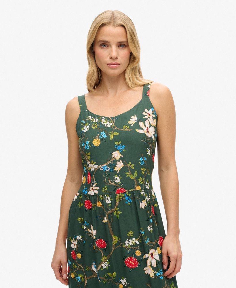vestido longo de tecido plano com camadas na cor verde blossom birds.
