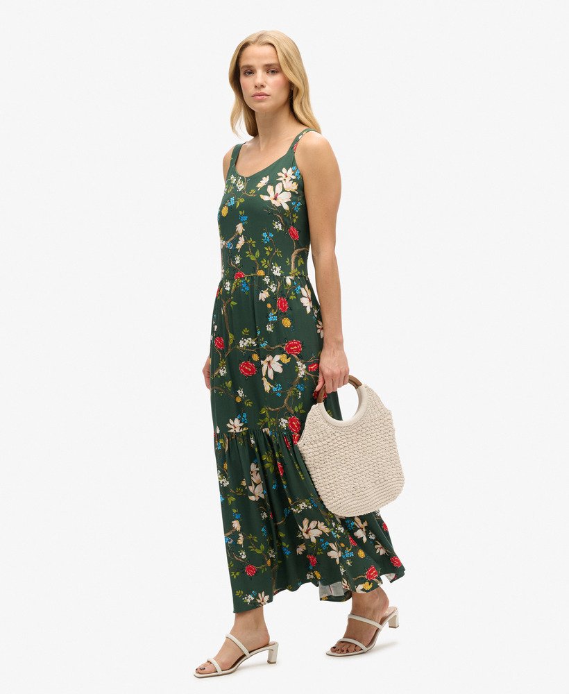vestido longo de tecido plano com camadas na cor verde blossom birds.