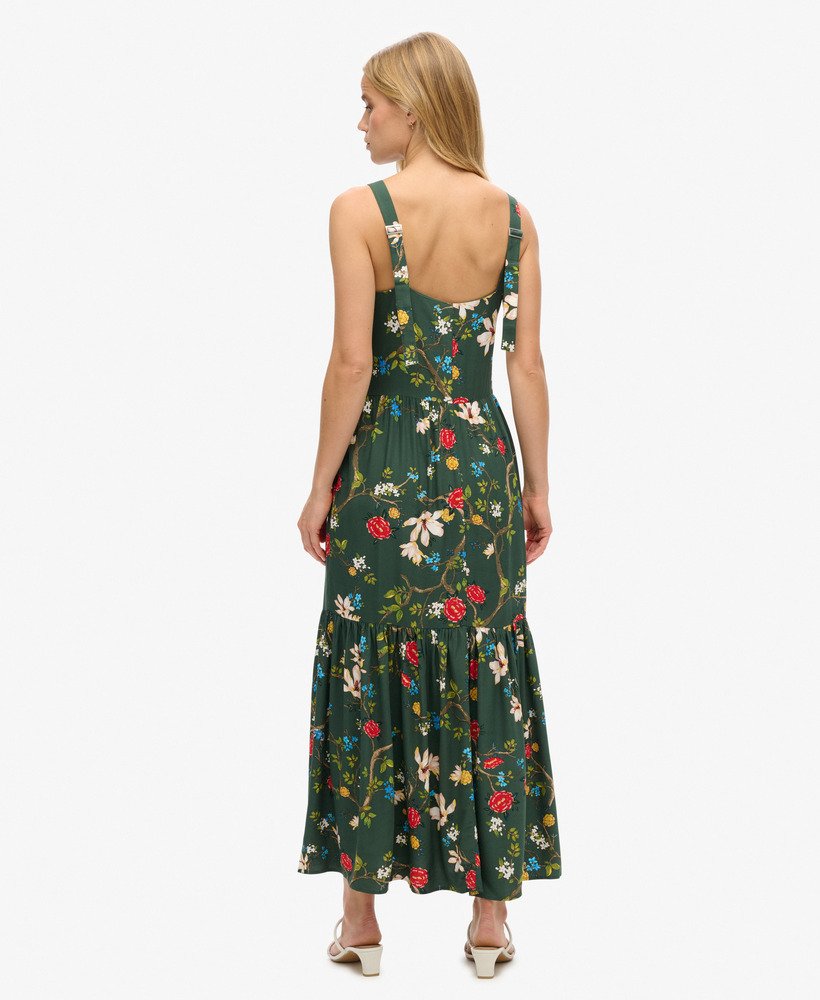 vestido longo de tecido plano com camadas na cor verde blossom birds.