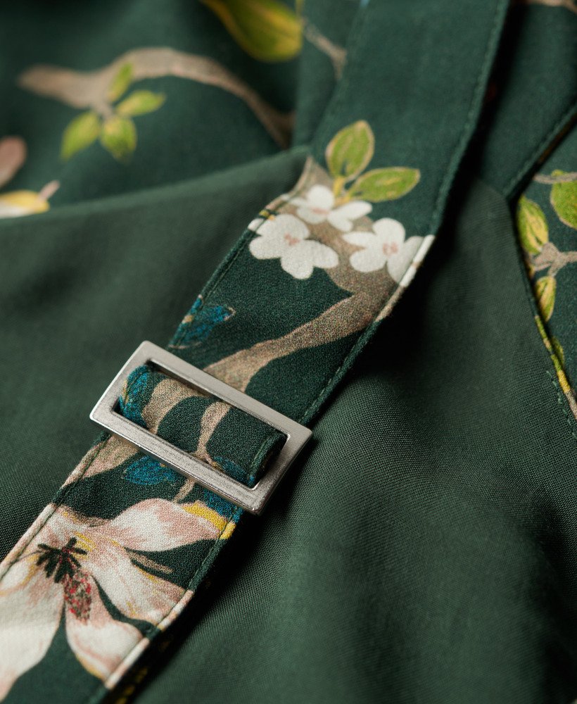 vestido longo de tecido plano com camadas na cor verde blossom birds.