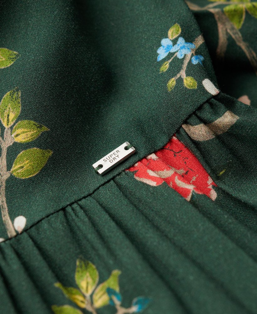 vestido longo de tecido plano com camadas na cor verde blossom birds.