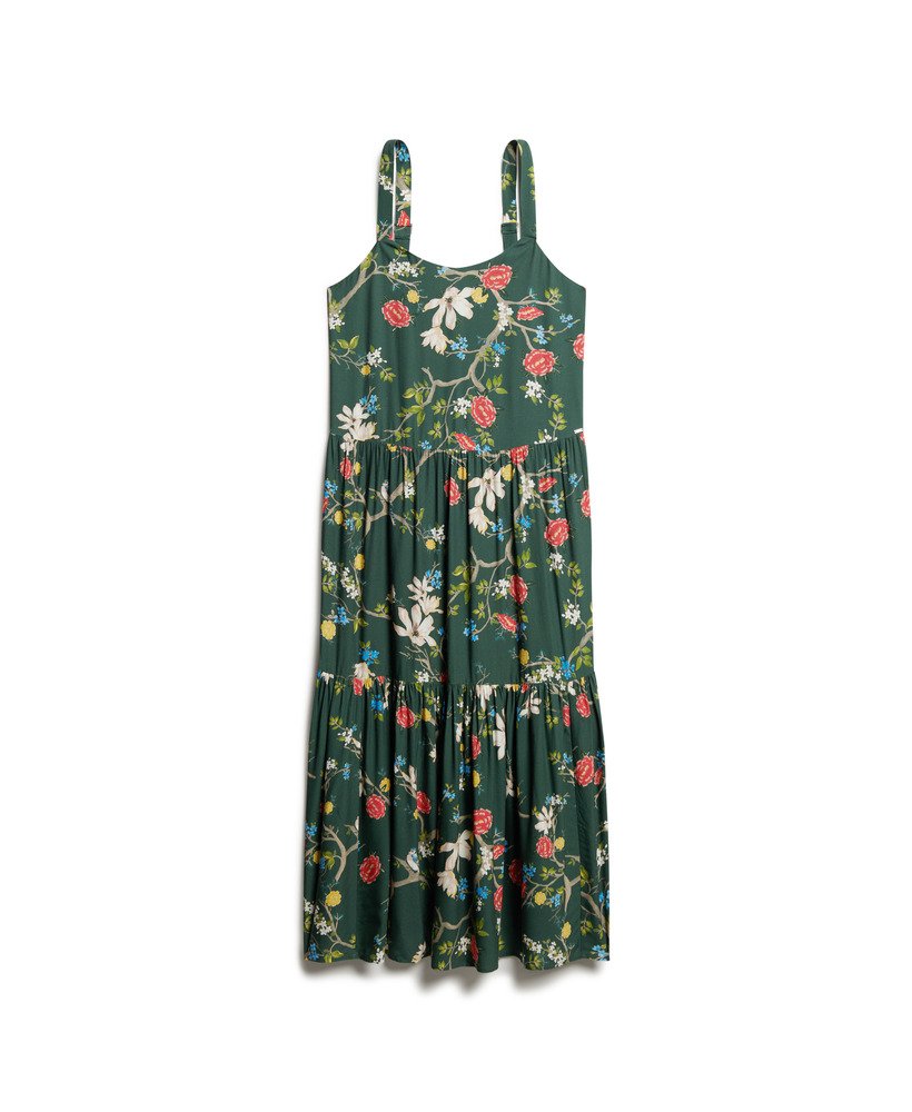 vestido longo de tecido plano com camadas na cor verde blossom birds.