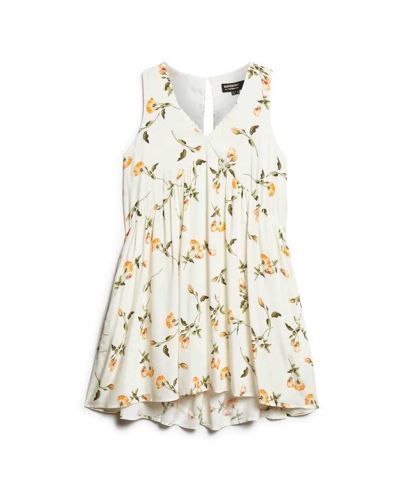 vestido volumoso sem mangas com estampa de rosas cor de pêssego