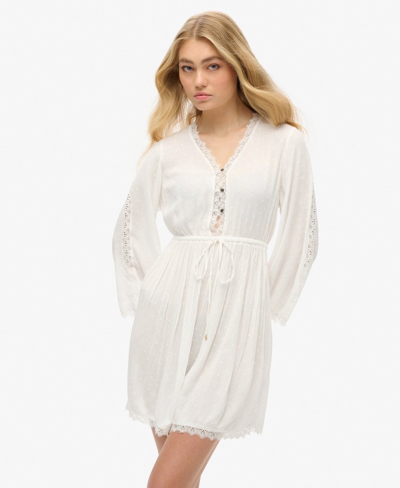 vestido curto ibiza com decote em v na cor off white