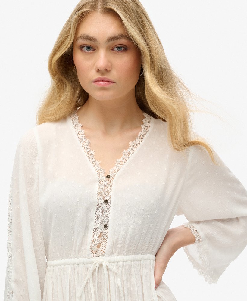 vestido curto ibiza com decote em v na cor off white