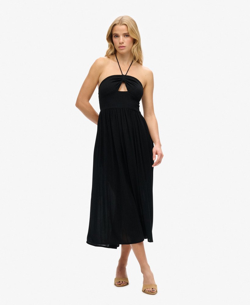 vestido midi com recortes na cor preta.