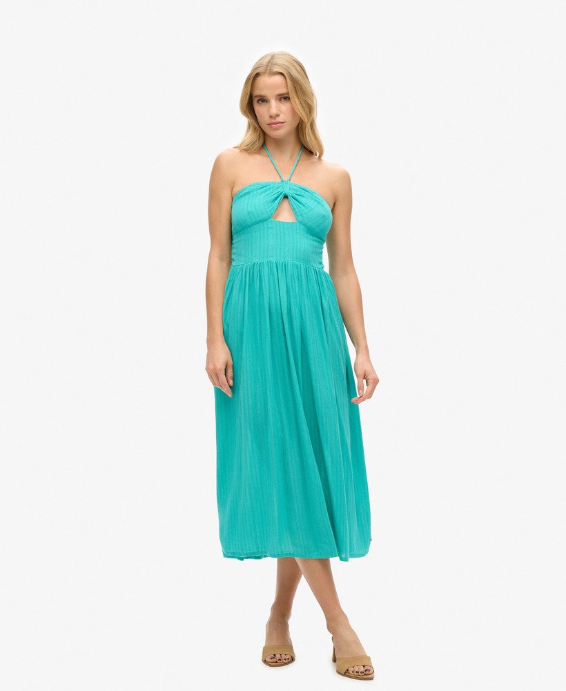 vestido midi com recortes em verde tropical