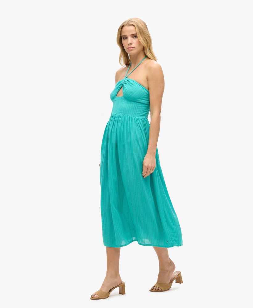 vestido midi com recortes em verde tropical