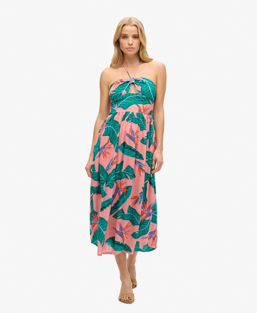 vestido midi com recortes na cor rosa paraíso.
