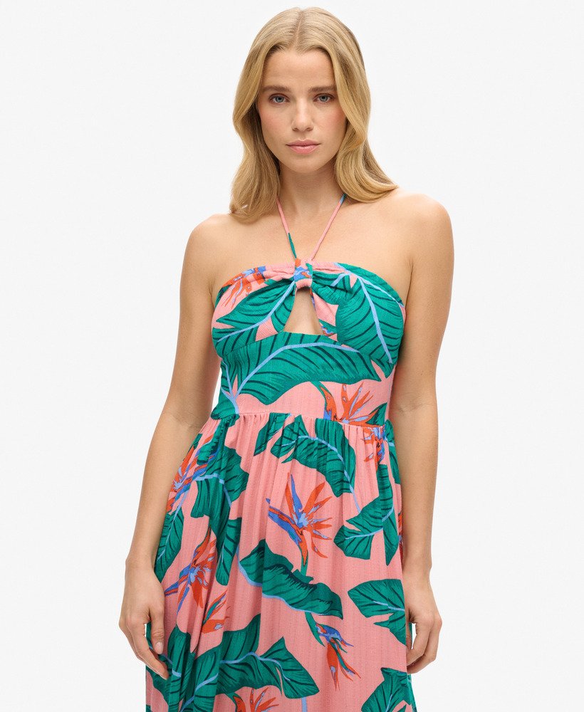 vestido midi com recortes na cor rosa paraíso.