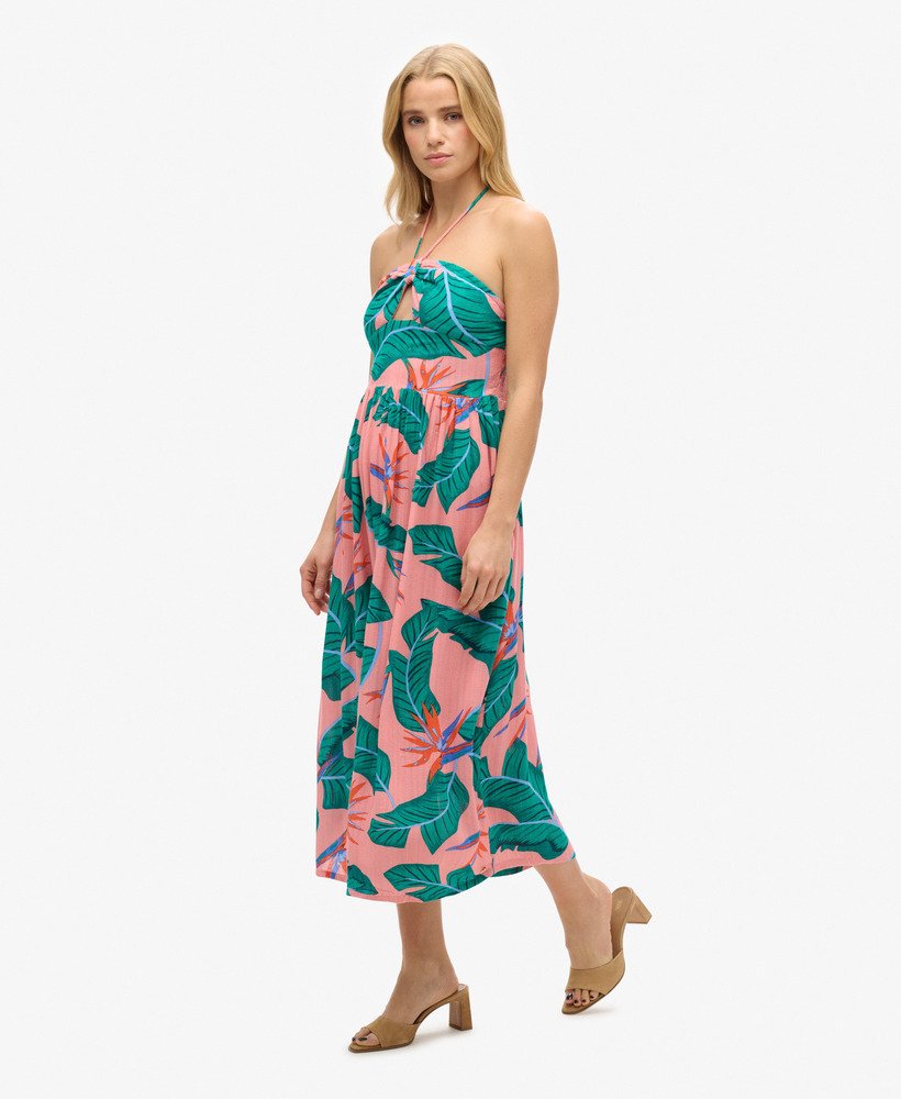 vestido midi com recortes na cor rosa paraíso.