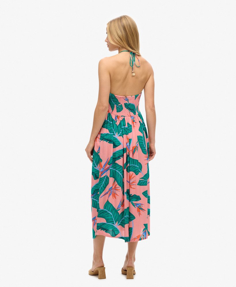vestido midi com recortes na cor rosa paraíso.