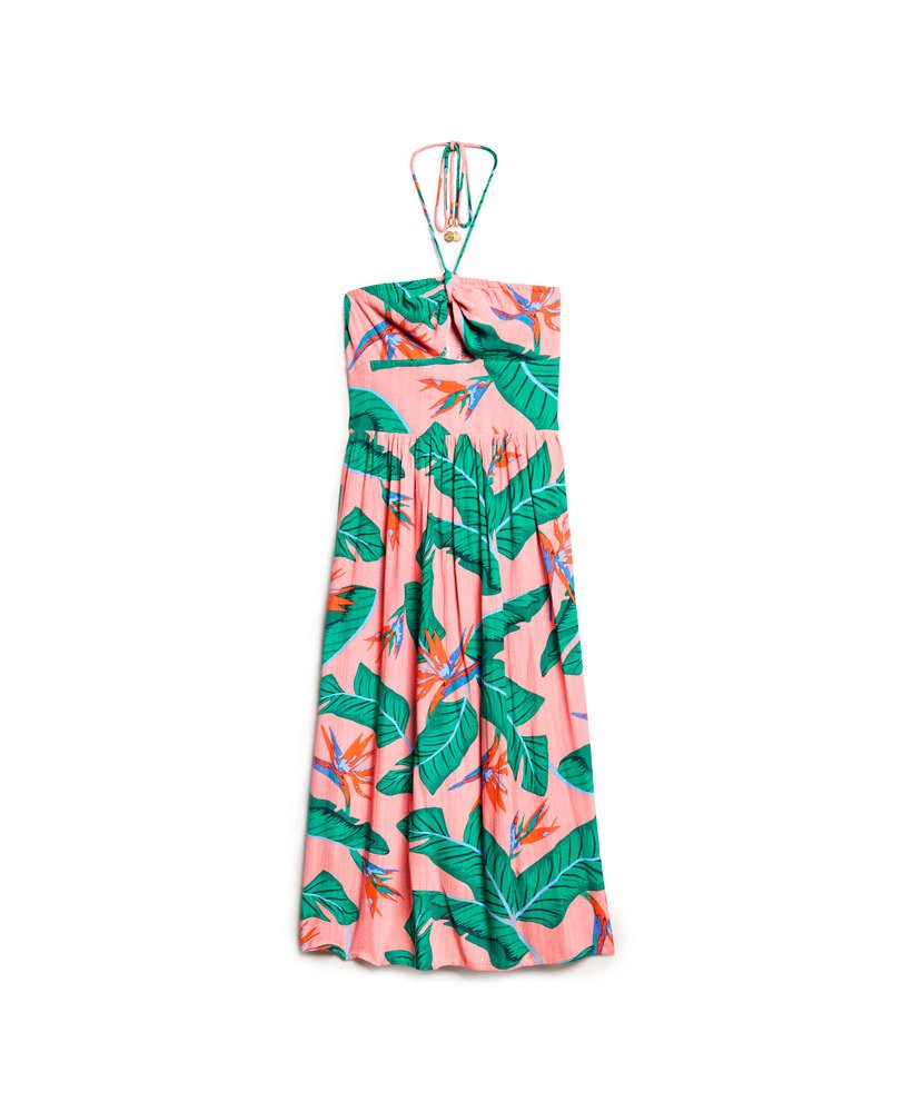 vestido midi com recortes na cor rosa paraíso.