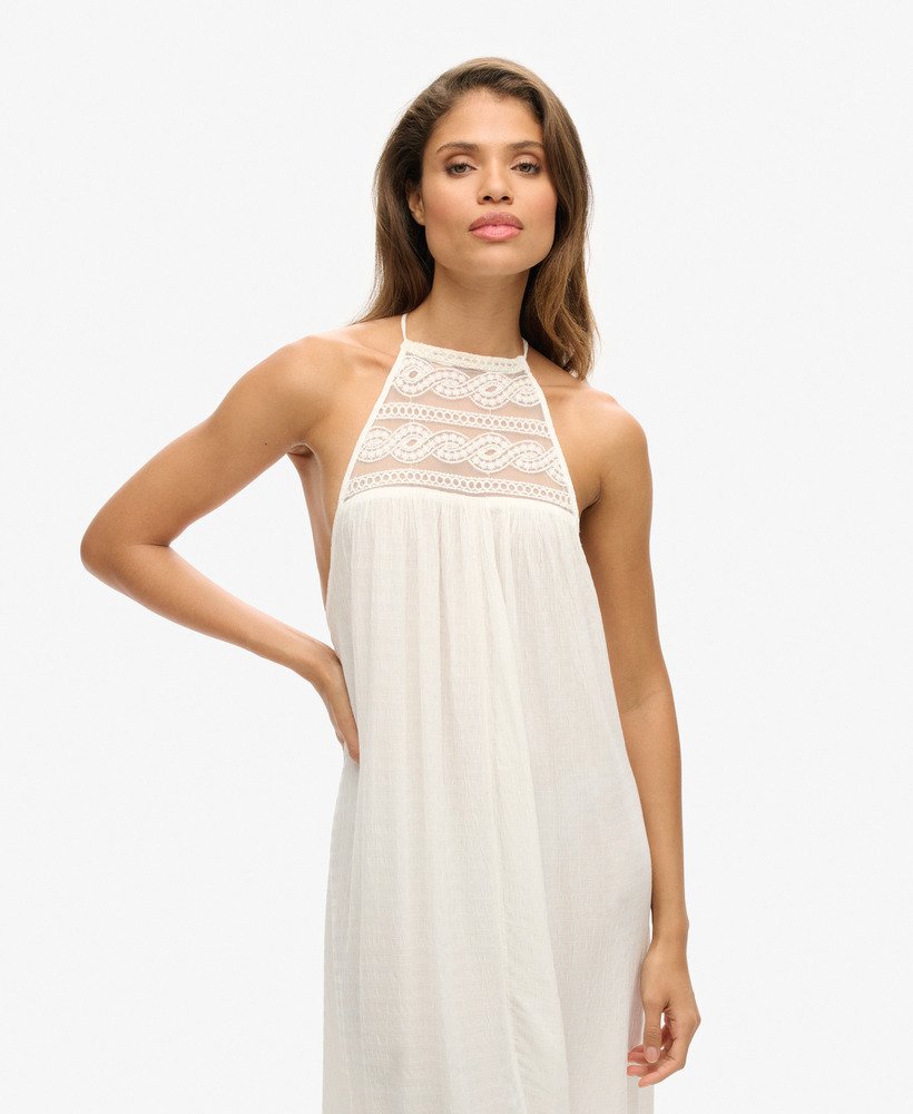vestido midi ibiza com decote halter na cor branco off-white.