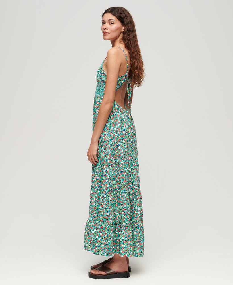 vestido longo de alças com franzido na cor verde betsy ditsy.
