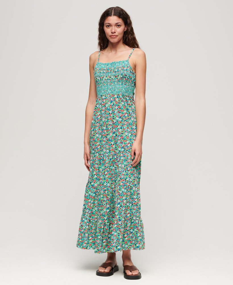 vestido longo de alças com franzido na cor verde betsy ditsy.