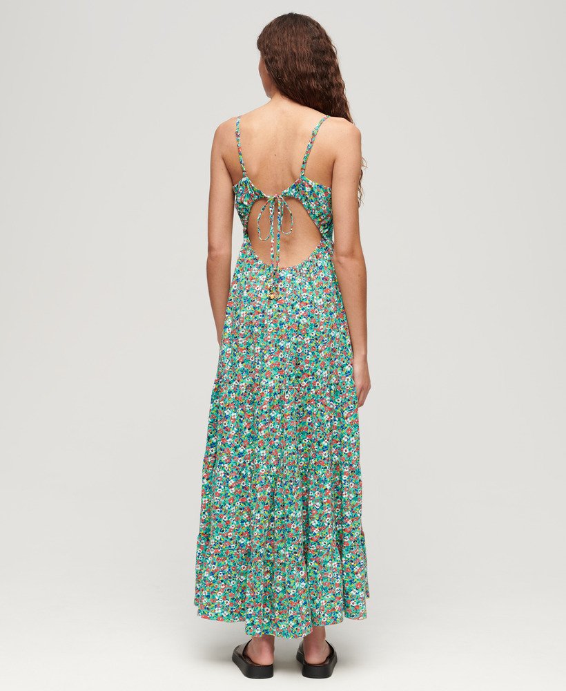 vestido longo de alças com franzido na cor verde betsy ditsy.