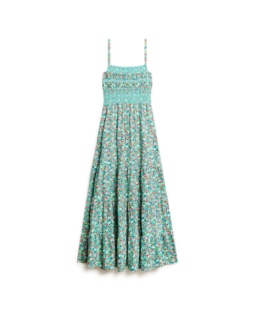 vestido longo de alças com franzido na cor verde betsy ditsy.