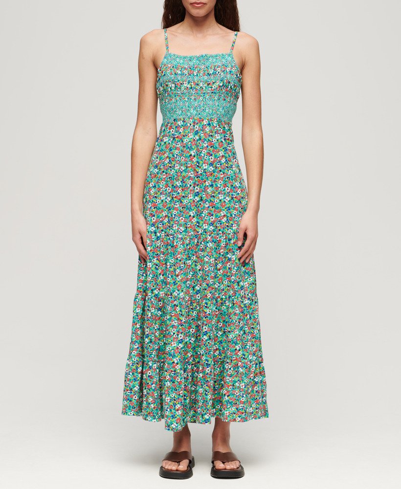 vestido longo de alças com franzido na cor verde betsy ditsy.