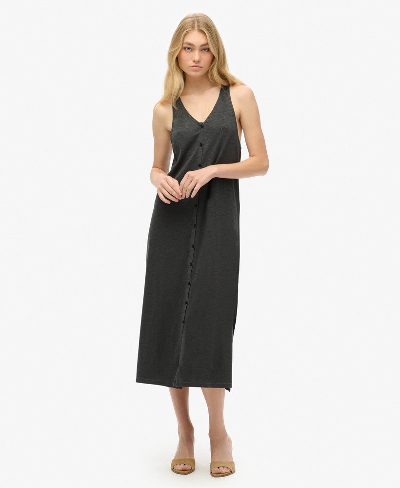 vestido midi de malha jersey estilo colete para praia na cor preta.