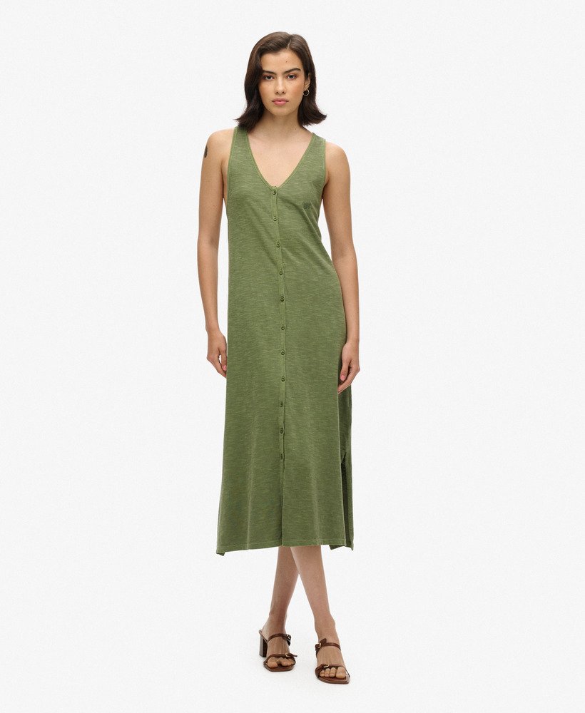 vestido midi de malha estilo colete para praia na cor cáqui oliva.