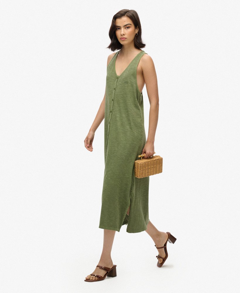 vestido midi de malha estilo colete para praia na cor cáqui oliva.