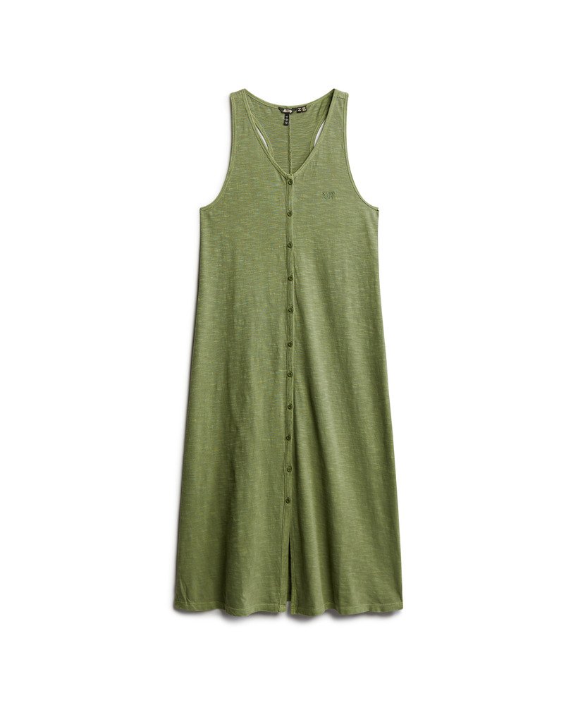 vestido midi de malha estilo colete para praia na cor cáqui oliva.