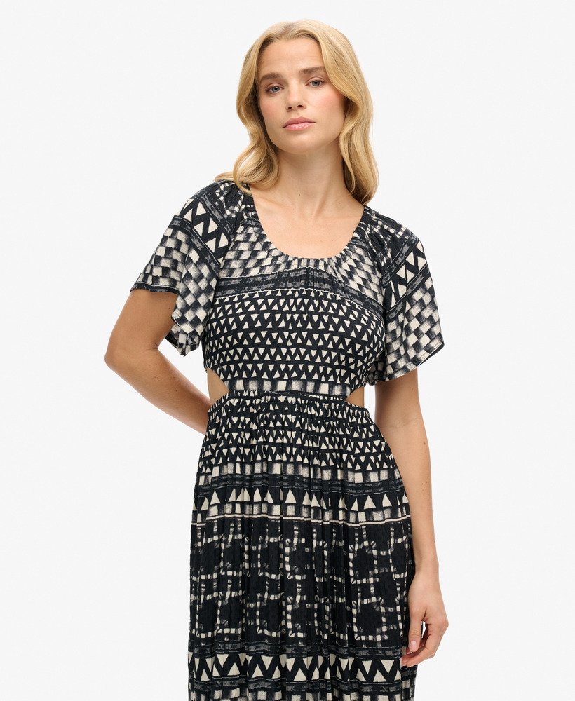 vestido midi estampado com recortes em monocromia shirbori em camadas.
