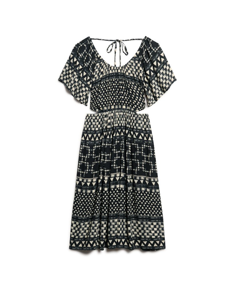 vestido midi estampado com recortes em monocromia shirbori em camadas.