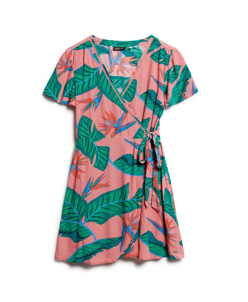 vestido curto envelope estampado em rosa paraíso