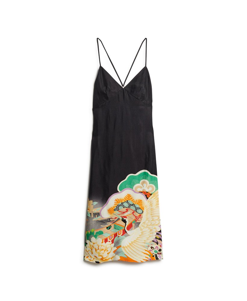 vestido midi de alças estampado na cor preta funetotsuru