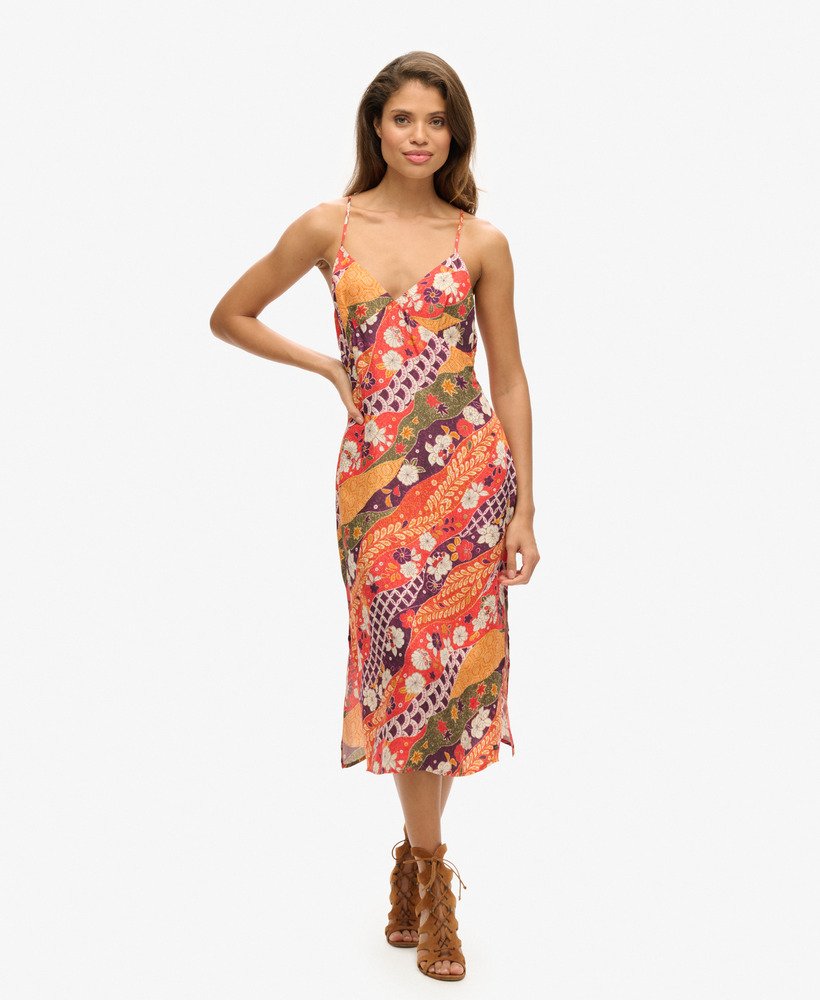 vestido midi de alças estampado na cor vermelho fluorescente michinaga