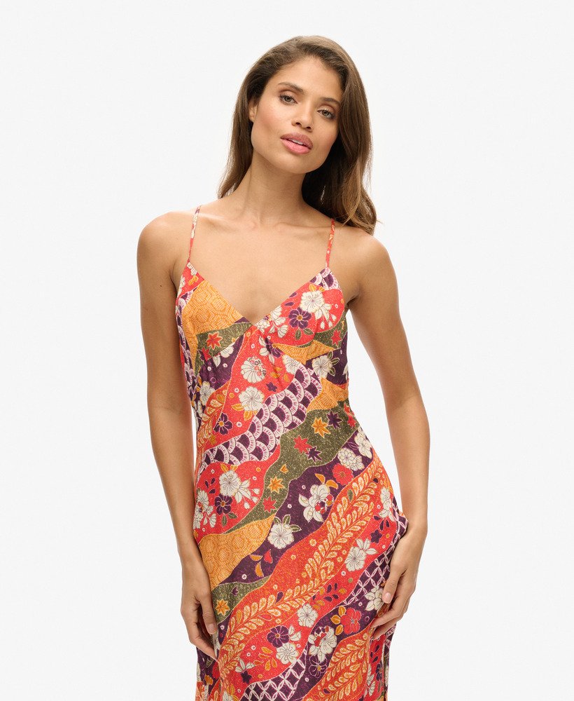 vestido midi de alças estampado na cor vermelho fluorescente michinaga