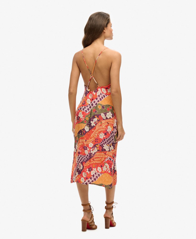 vestido midi de alças estampado na cor vermelho fluorescente michinaga