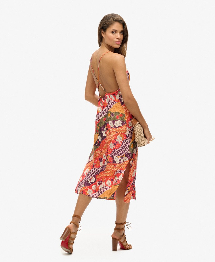 vestido midi de alças estampado na cor vermelho fluorescente michinaga