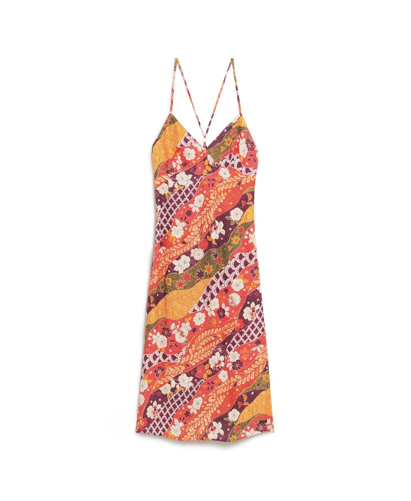 vestido midi de alças estampado na cor vermelho fluorescente michinaga