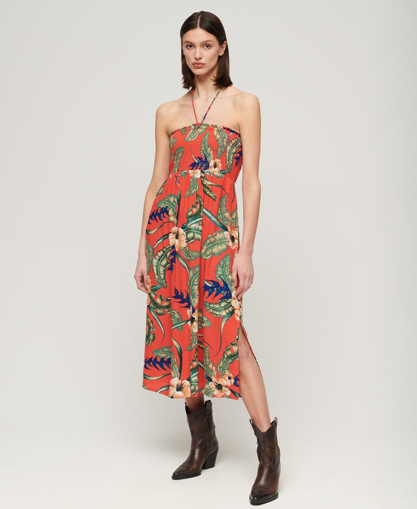 vestido midi de praia com franzido na cor vermelha havaiana eden.