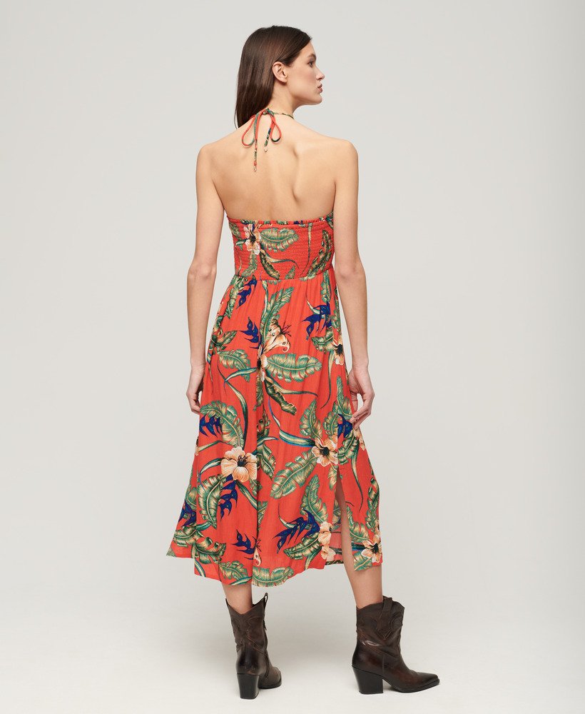 vestido midi de praia com franzido na cor vermelha havaiana eden.